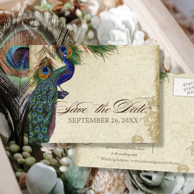 Peacock & Feathers Formal Save the Date Aqua Blue Announcement Postcard (Creator Uploaded)