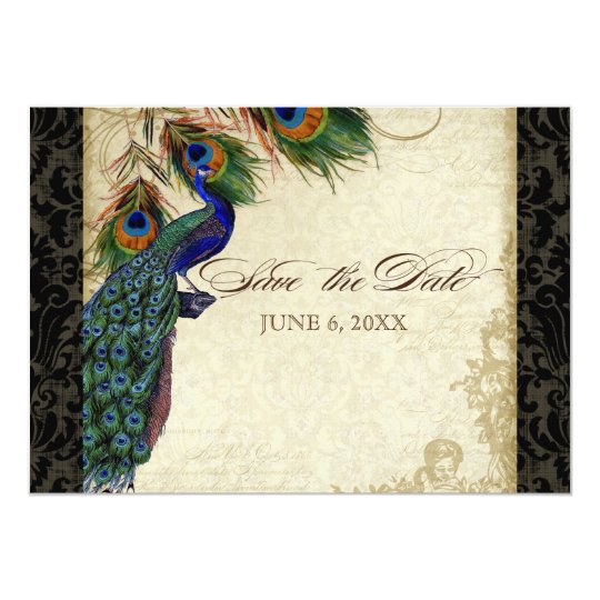 Peacock & Feathers Formal Save the Date Black Tan Card
