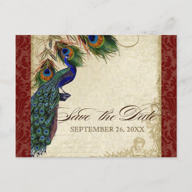 Peacock & Feathers Formal Save the Date Burgundy Announcement Postcard (Front)