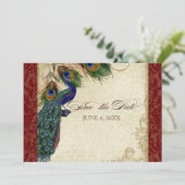 Peacock & Feathers Formal Save the Date Burgundy Invitation (Standing Front)