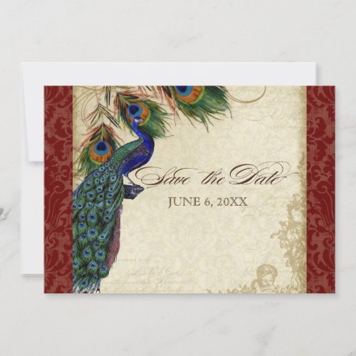 Peacock  Feathers Formal Save the Date Burgundy Invitation