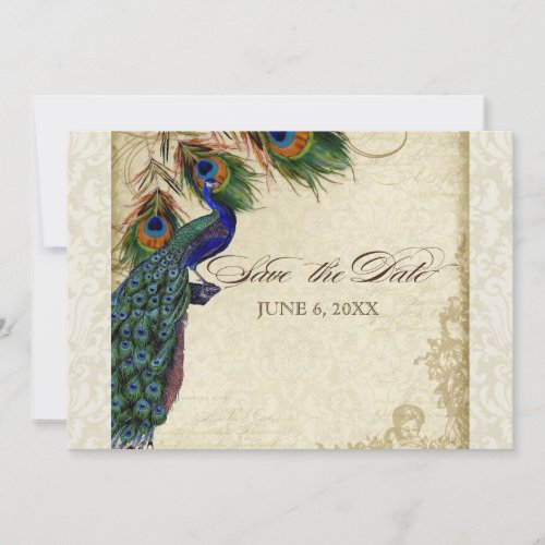 Peacock  Feathers Formal Save the Date Cream Invitation