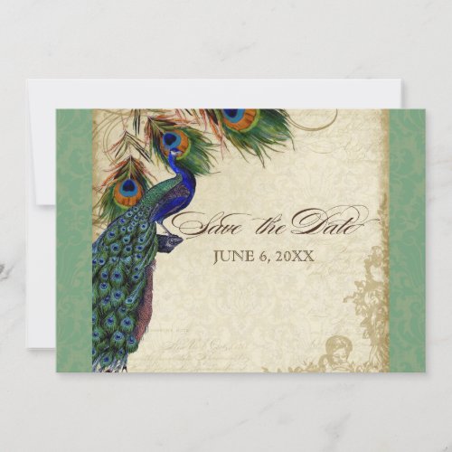 Peacock  Feathers Formal Save the Date Green Tan Invitation