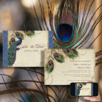 Peacock & Feathers Formal Save The Date Navy Blue Invitation by VintageWeddings at Zazzle