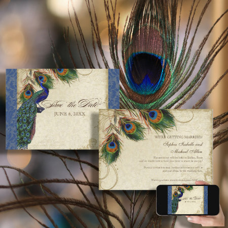 Peacock & Feathers Formal Save The Date Navy Blue Invitation