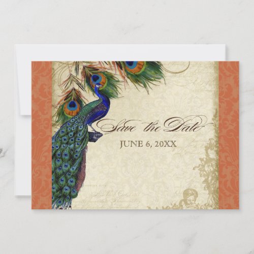 Peacock  Feathers Formal Save the Date Orange Invitation