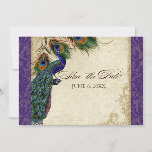 Peacock  Feathers Formal Save the Date Purple Invitation
