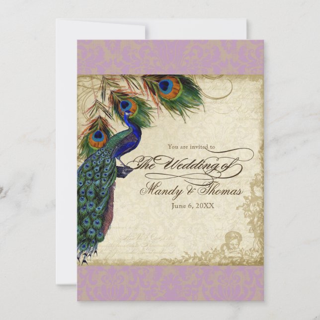 Peacock & Feathers Formal Wedding Invite Aqua Blue (Front)