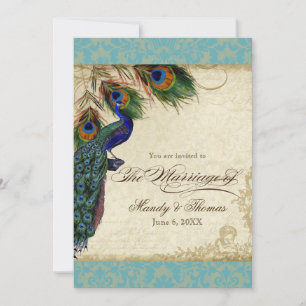 Peacock & Feathers Formal Wedding Invite Aqua Blue