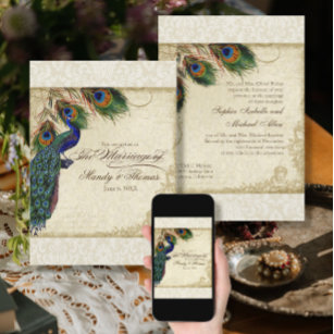 Peacock & Feathers Formal Wedding Invite Cream