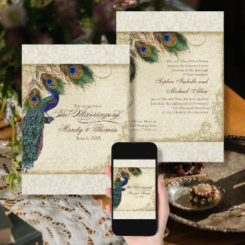 Peacock & Feathers Formal Wedding Invite Cream by VintageWeddings at Zazzle