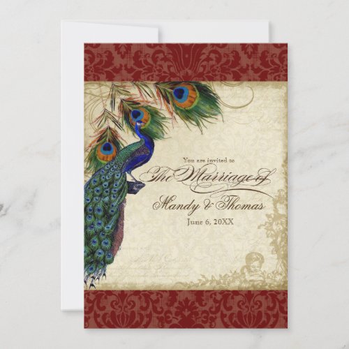 Peacock  Feathers Formal Wedding Invite Red