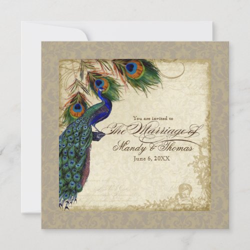 Peacock  Feathers Formal Wedding Invite Taupe Tan