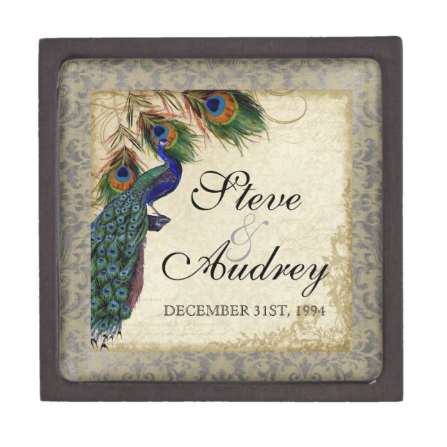 Peacock & Feathers Formal Wedding Ring Trinket Jewelry Box (Front)