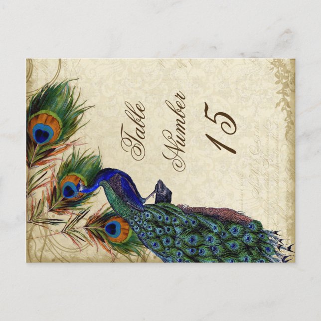Peacock & Feathers Formal Wedding Table Numbers (Front)