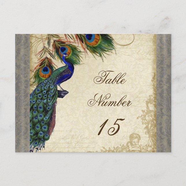 Peacock & Feathers Formal Wedding Table Numbers (Front)