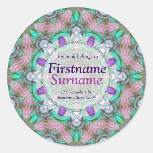 Peacock Feathers Geometric Mandala Bookplate (Front)