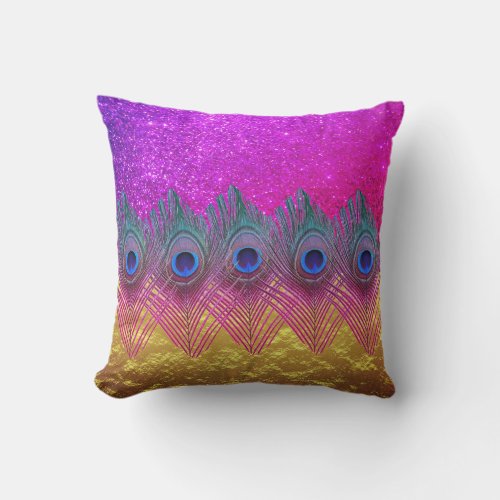 Peacock Feathers Glittery Pink Gold Foil Sparkly Outdoor Pillow