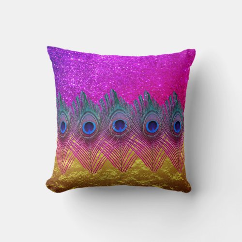 Peacock Feathers Glittery Pink Gold Foil Sparkly Throw Pillow