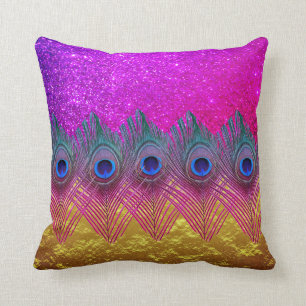 Peacock Feathers Glittery Pink Gold Foil Sparkly Throw Pillow