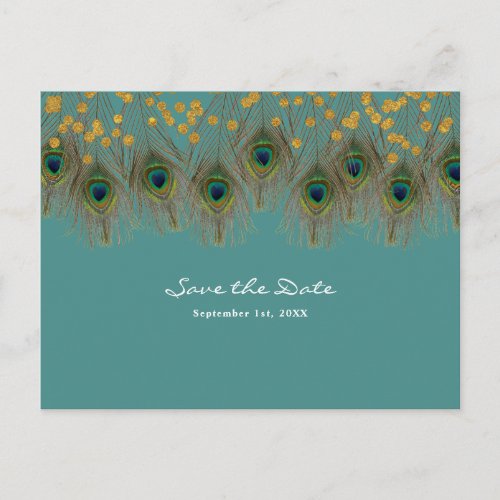 Peacock Feathers  Gold ANY COLOR Save the Date Announcement Postcard