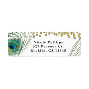 Peacock Feathers & Gold Boho Glam Invitation Label