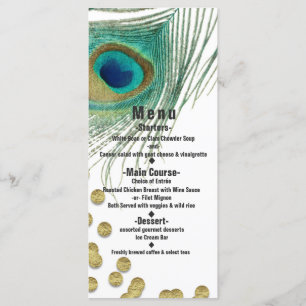Peacock Feathers & Gold Boho Glam Party Menu Card