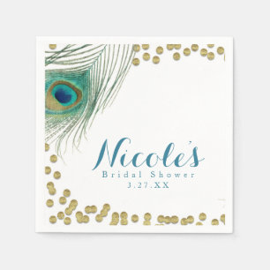 Peacock Feathers & Gold Boho Glam Party Paper Napkins
