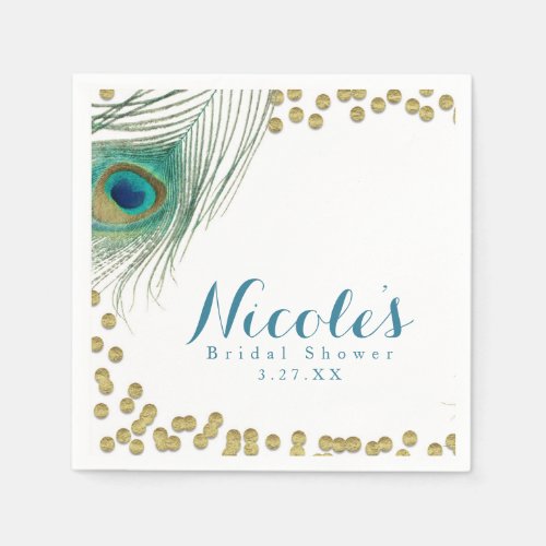 Peacock Feathers  Gold Boho Glam Party Paper Napkins
