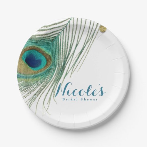 Peacock Feathers  Gold Boho Glam Party Paper Plates