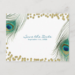 Peacock Feathers & Gold Boho Glam Save the Date Announcement Postcard