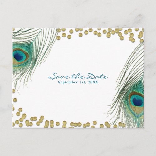 Peacock Feathers  Gold Boho Glam Save the Date Announcement Postcard