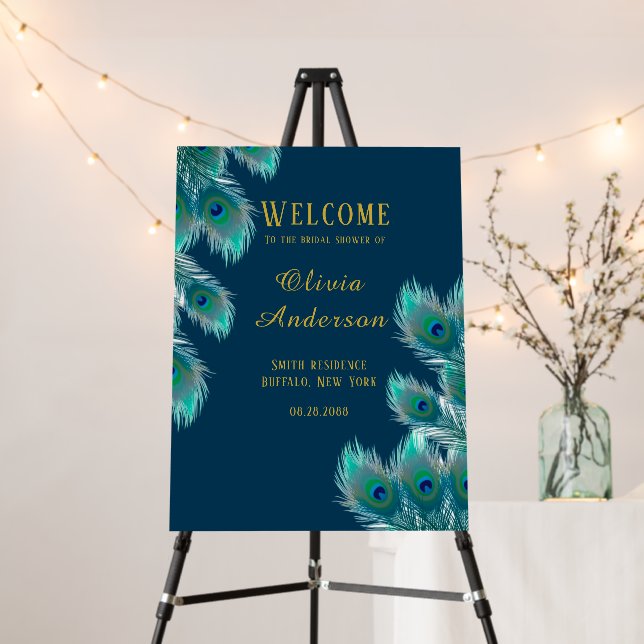 Peacock Feathers Gold Bridal Shower Welcome Sign (In Situ (Stand))