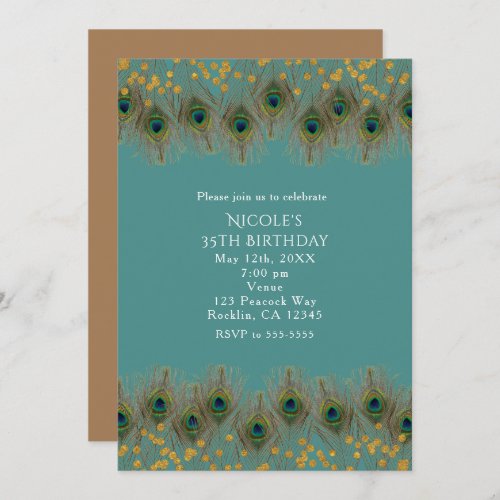 Peacock Feathers  Gold Dots ANY COLOR Invitation