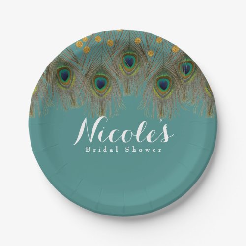 Peacock Feathers  Gold Dots ANY COLOR Party Paper Plates