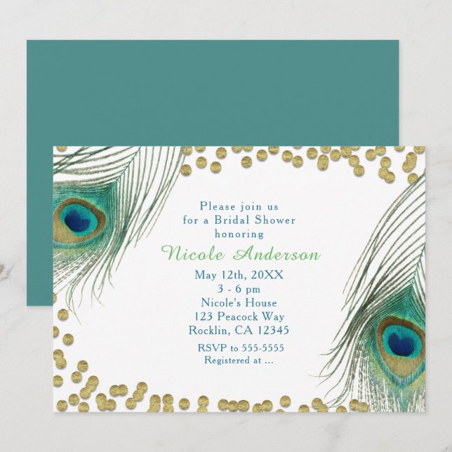 Peacock Feathers & Gold Dots Boho Glam Invitation (Front/Back)