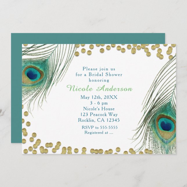 Peacock Feathers & Gold Dots Boho Glam Invitation (Front/Back)