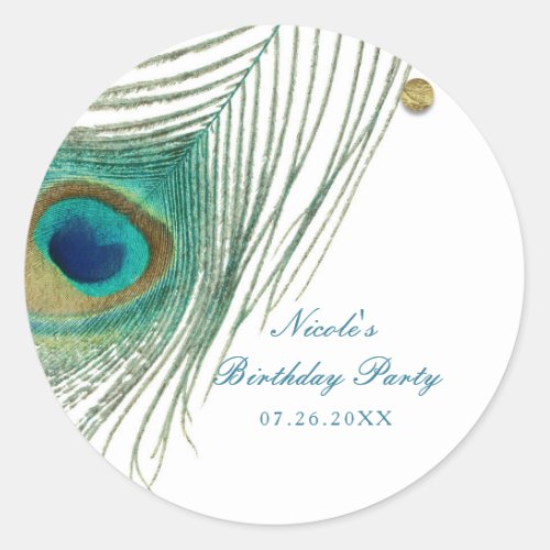 Peacock Feathers  Gold Dots Boho Glam Party Classic Round Sticker