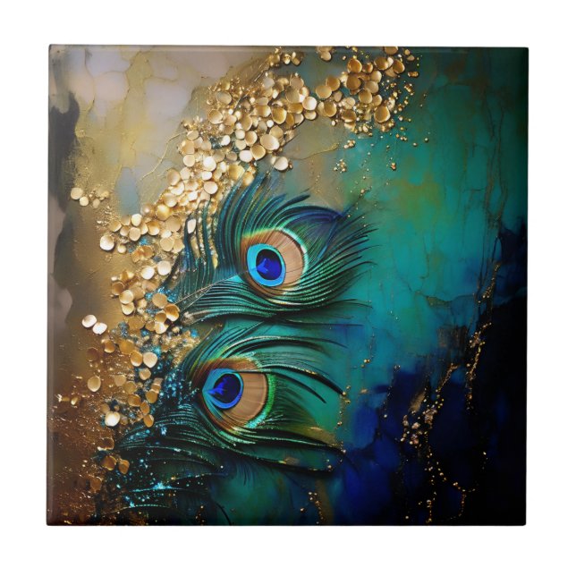 Peacock feathers gold foil splash marbled wall ceramic tile (Front)