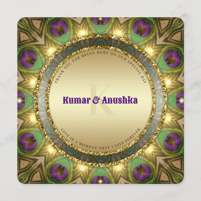 Peacock Feathers Gold Glow Indian Wedding Invite (Front)