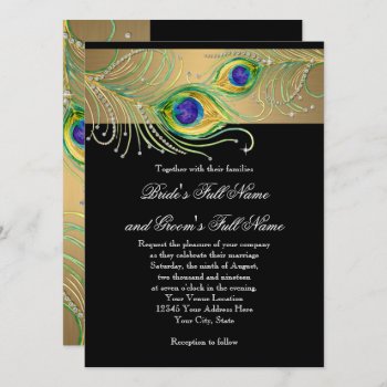 Peacock Feathers Gold N Black Modern Jewel Swirl Invitation by PatternsModerne at Zazzle