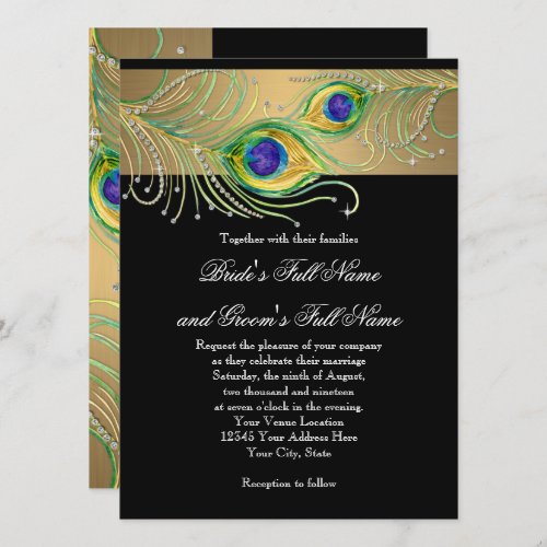 Peacock Feathers Gold n Black Modern Jewel Swirl Invitation
