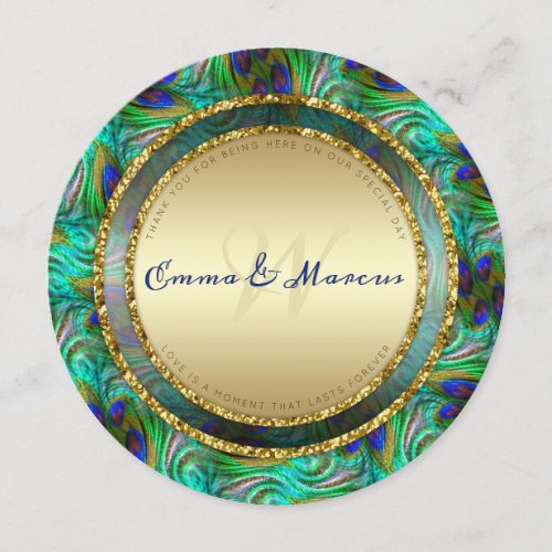 Peacock Feathers Gold Round Wedding Menu Cards