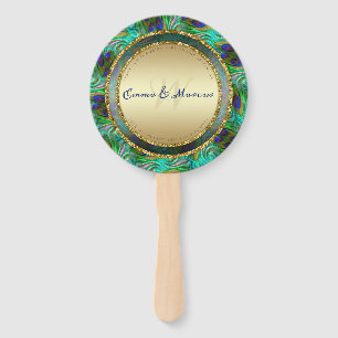 Peacock Feathers Gold Round Wedding Menu Hand Fan