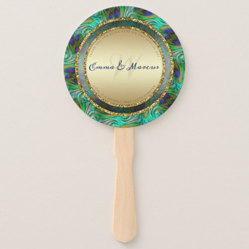 Peacock Feathers Gold Round Wedding Menu Hand Fan