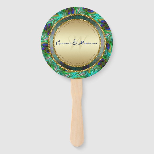 Peacock Feathers Gold Round Wedding Menu Hand Fan (Front)
