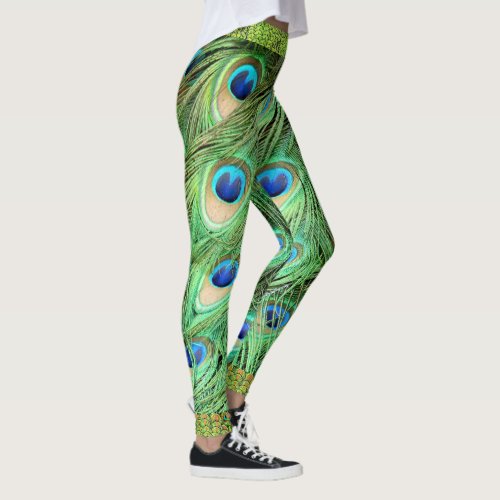 Peacock Feathers Green Blue Exotic Bird Leggings