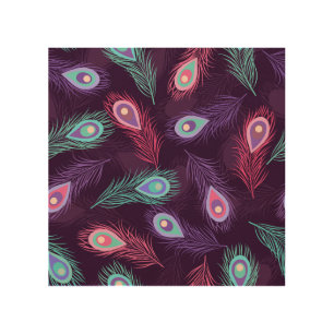 Peacock Feathers: Hand Drawn Vintage. Wood Wall Art