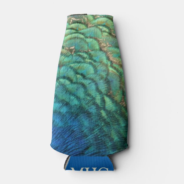 Peacock Feathers I Colorful Abstract Nature Design Bottle Cooler (Front)