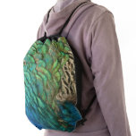 Peacock Feathers I Colorful Abstract Nature Design Drawstring Bag